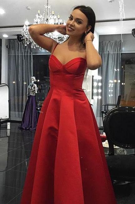 Spaghetti Straps Sweetheart Red Prom Dress,simple Satin Prom Dress With Ruffles,ball Gown,sexy Sweetheart Prom Dresses,long Formal Dresses