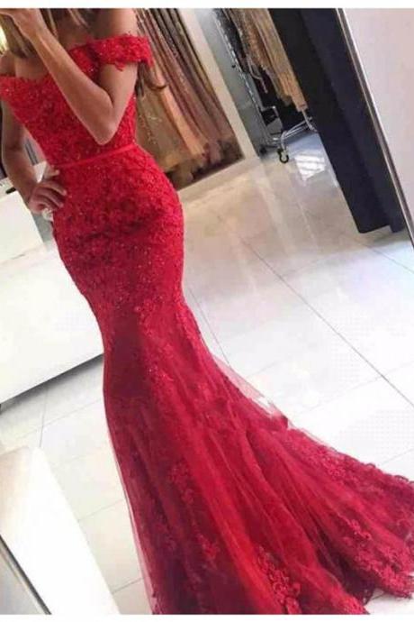 Elegant Off The Shoulder Prom Dress,lace Red Prom Dress With Beading,mermaid Prom Dresses,sexy Prom Gowns,long Prom Gown