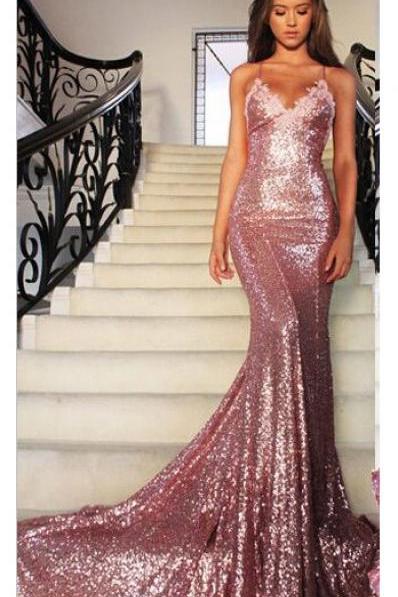 Gorgeous Mermaid Long Rose Pink Prom Dresses,V-neck Sequins Spaghetti Strap Evening Gowns,Open Back Prom Gown,Prom Dress With Court Train
