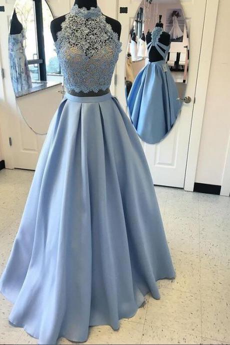 High Neck Prom Gown,fashion Lace Top A-line Blue Prom Gowns,satin Long Prom Dress With Lace,sexy Backless Prom Dress,long Evening Dress,formal