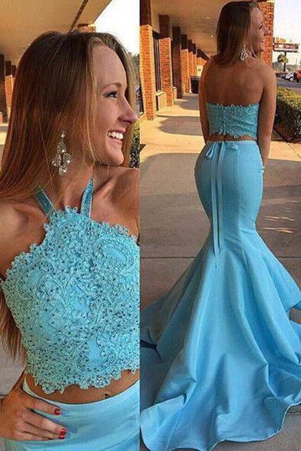 2017 Halter Prom Dress,long Sexy Blue Two Piece Prom Dresses,lace Top Prom Gown,mermaid Prom Dresses,halter Backless Evening Dresses,p005