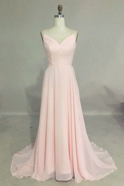 Backless Prom Dress,v-neck Long Evening Party Dress,straps Sleeveless Prom Gown,pink Chiffon Prom Dresses,bridesmaid Dress,sexy Bridesmaids