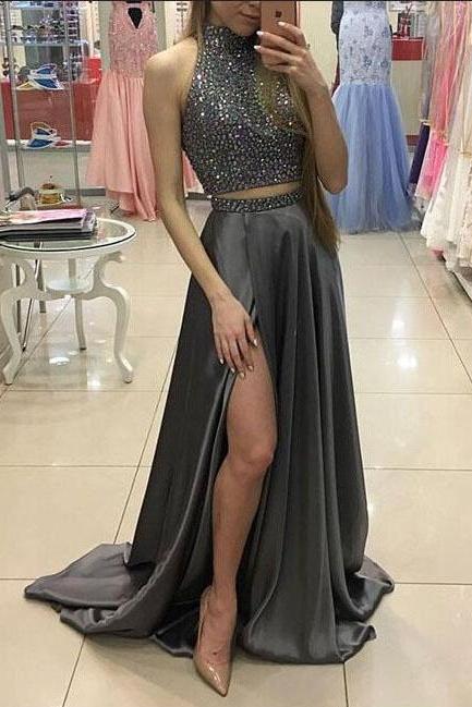 Two Pieces Prom Dress,Beaded Prom Gown,High Neck Prom Dresses,Front Split Prom Gown,Long Evening Dress,Modest Prom Dresses,Sparkly Formal Dresses,P013