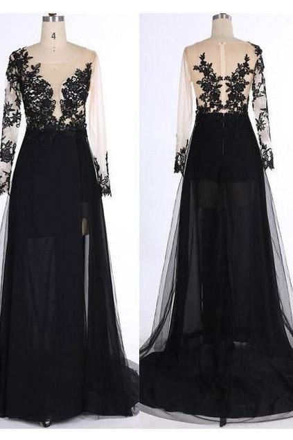 Long Sleeves Prom Dress,see-through Black V-neck Prom Dresses,tulle Evening Dress With Appliques,formal Dress,women Dress,party Gown,p021