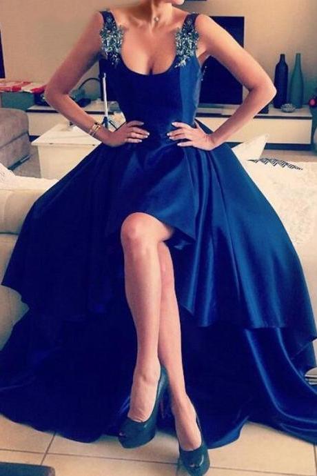 Asymmetrical Appliques Lace Prom Dress,high Low Sleeveless Prom Gown,royal Blue Prom Dress,backless Prom Dress,sexy Formal Dress 2017,party