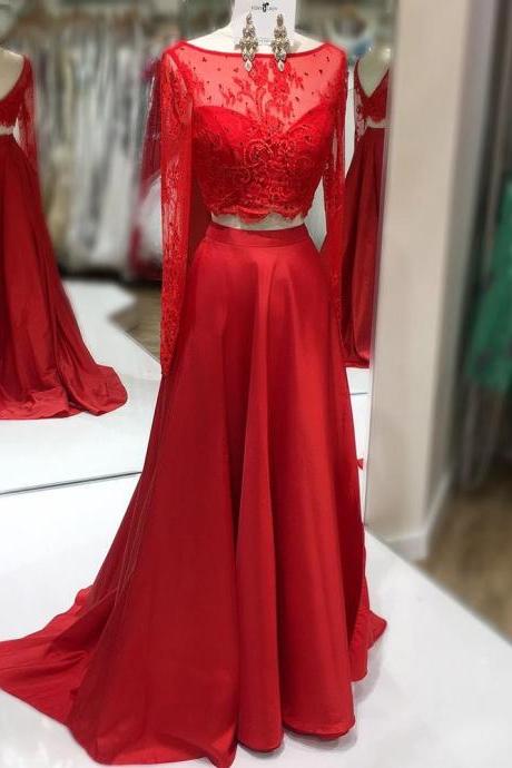 Red Prom Dresses,boat Neckline Prom Dress,two Piece Prom Dress,lace Top Porm Dress,long Sleeve Formal Gown,long Party Dress,red Eveing