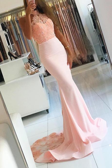 Mermaid Prom Dresses With Lace Appliques,long Prom Dress With Train Back,elegant Formal Dress With Beading,sexy Backless Prom Dress,sleeveless