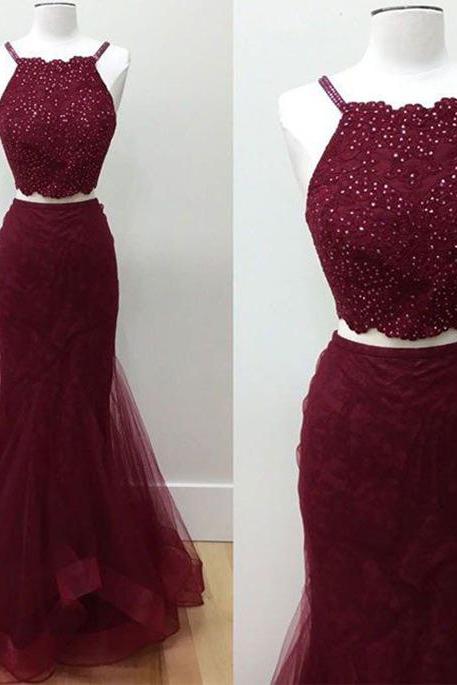 Two-piece Prom Dress With Lace Appliques,mermaid Prom Dresses,sexy Burgundy Beading Prom Dresses,long Tulle Prom Dress,sleeveless Prom Dress