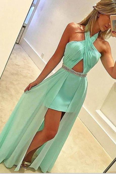 Mint Green Prom Dress,long Halter Sleeveless Prom Gown,floor-length Prom Dress With Beading,sexy Party Dress,chiffon Prom Gown With Beaded,prom