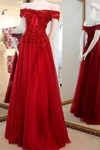 Red Prom Dress,Off the Shoulder Prom Gown,Applique Lace Long Prom Dresses,2017 Formal Dresses,Fashion Prom Dress,Sexy Party Dress,Custom Made Evening Dress,P040