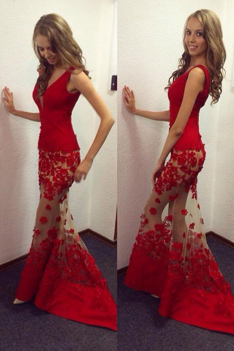 Mermaid Prom Dresses,red Satin And Flowers Prom Dress,mermaid V-neck Evening Dress,sleeveless Formal Dress With Sweep Train 2017,p042
