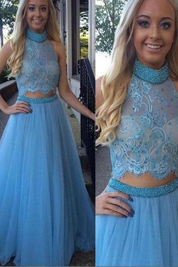 High Neck Prom Dresses,Two Piece Prom Dress,A-line Prom Gown,Two-piece Prom Dress,Sweetheart Evening Dress,Cheap Prom Dresses,2017 New Arrival Prom Dress,P047