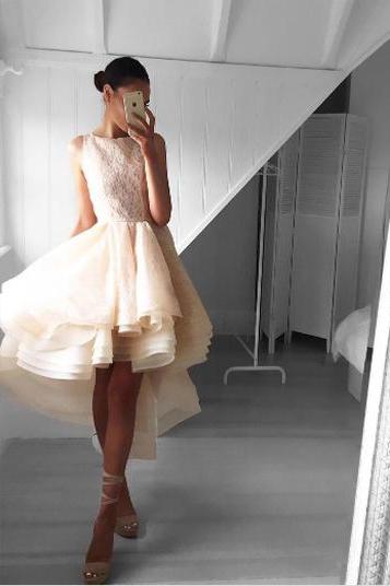 Short Prom Dresses,champagne Prom Dresses,chic Homecoming Dress,high-low Homecoming Dresses,lace Sleeveless Homecoming Dress,short Prom