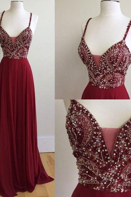 Unique Prom Dress,spaghetti Straps Prom Dresses,sexy V-neck Prom Gown,burgundy Long Prom Dress With Beading,open Back Prom Gowns,chiffon Prom