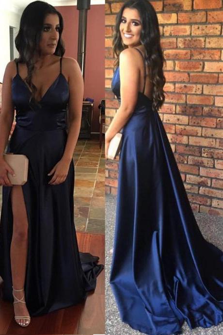 2017 Spaghetti Straps Prom Dress,sexy V-neck Prom Dresses,simple Backless Evening Dress,dark Navy Deep V-neck Split Long Prom Gowns With