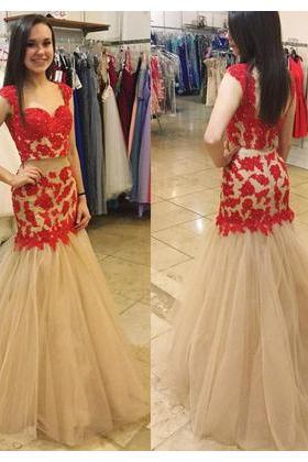 Red Lace Prom Gown,Two Piece Prom Dress,Appliqued Mermaid Prom Dresses,2 Pieces Tulle Prom Dress,Mermaid Sweetheart Formal Dresses,Party Dress 2017,P062