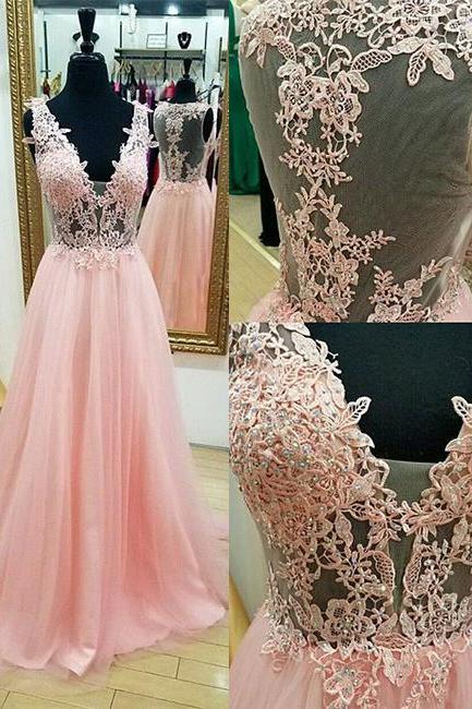 Lace Appliqued Prom Dress,v-neck Prom Dresses,see-through Bodice Pink Prom Dresses,long Formal Dresses,a-line Evening Dresses,long Prom