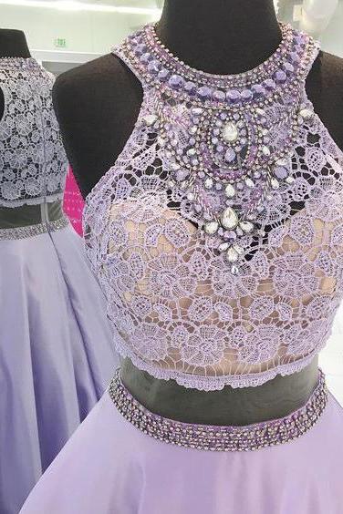Halter Prom Dresses,lavender Prom Gowns,lace Bodice Evening Gown,two Pieces Prom Dresses,beaded Long Prom Dresses,senior Formal Dresses,2017