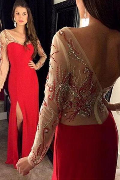 Red Prom Dress,Long Sleeve Prom Gown,Split V-neck Prom Dresses,Appliques Prom Gowns,Charming Party Dress,Unique Prom Dress,Backless Prom Dress With Beads,Long Evening Dress,P070