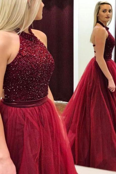 Charming Burgundy Halter Prom Dress,red Wine Tulle Prom Gown,halter Prom Dresses,beading Poofy Party Dresses,ball Gown Evening Dress,modest Party
