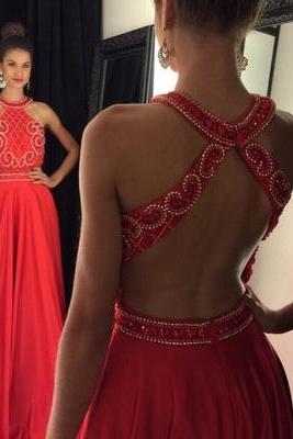 Sleeveless Red Prom Dresses,open Back Prom Gowns,beading Prom Dress,2017 Formal Dress,fashion Prom Dress,sexy Party Dress,custom Made Evening