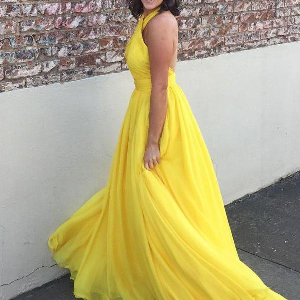 Aline Yellow Halter Prom Dress,floor Length Chiffon Sleeveless Party