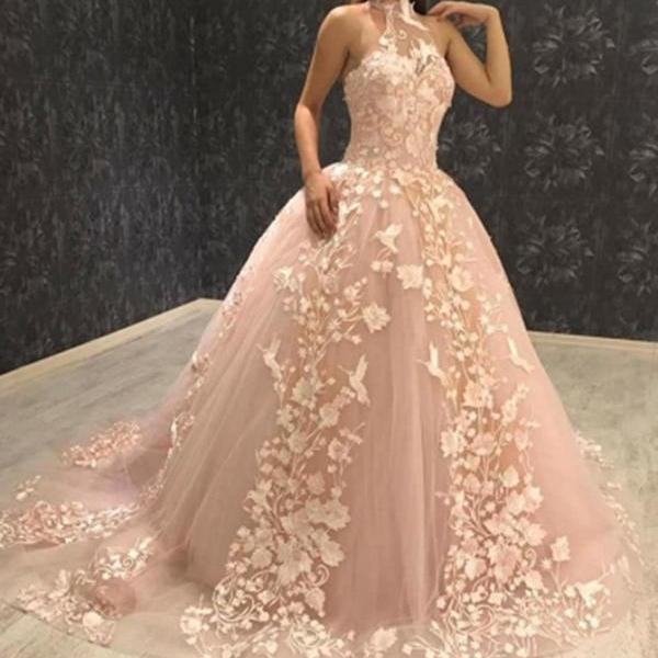 A Line Halter Pink Lace Tulle Prom Dresses Sweep Train LBQ2128