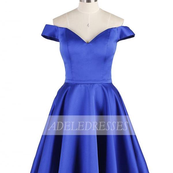 Unique A line One Shoulder Royal Blue Satin Homecoming Dresses With Ruffle main image 1