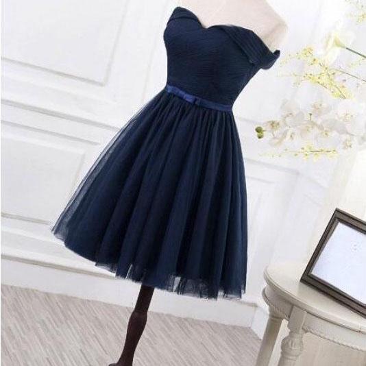 Navy Blue Off Shoulder Tulle Prom Dress With Belt, A Line Off The ...