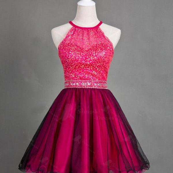 Cute A Line Round Neck Black and Rose Red Short Homecoming Dresses with Beading, Short Prom Dresses, A Line Tulle Mini Homecoming Dress H320