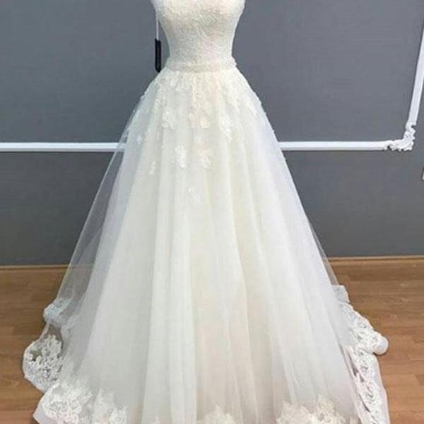 Elegant A-Line V-Neck Sleeveless Ivory Long Wedding Dress With Lace, Charming Sleeveless Tulle Bridal Dress with Lace W112
