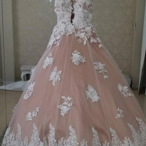 Unique Sheer Neck Sleeveless Lace Tulle Long Wedding Dress, Ball Gown Quinceanera Dresses P374