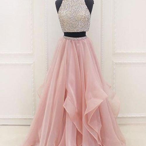 Blush Pink Two Piece Beaded Prom Dress, Bridesmaid Dress with Cascading Skirt, A Line 2 Piece Formal Dresses P375