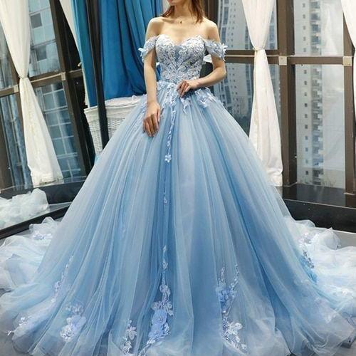 Puffy Off the Shoulder Light Sky Blue Prom Dress, A Line Tulle Party Dress with Appliques and Flowers P386