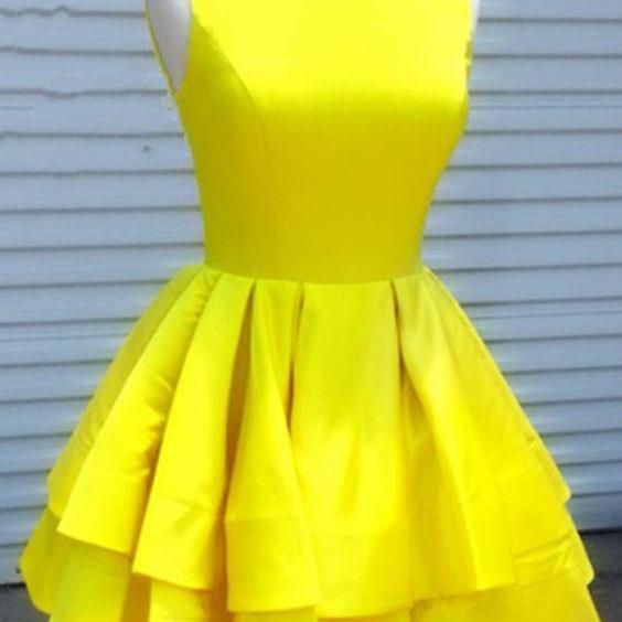Yellow Short Sleeveless Homecoming Dresses, Simple Two Layers Short Prom Dresses H342