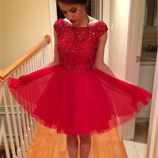 Cap Sleeves Tulle Red Beading Homecoming Dress,Prom Dress,Graduation ...