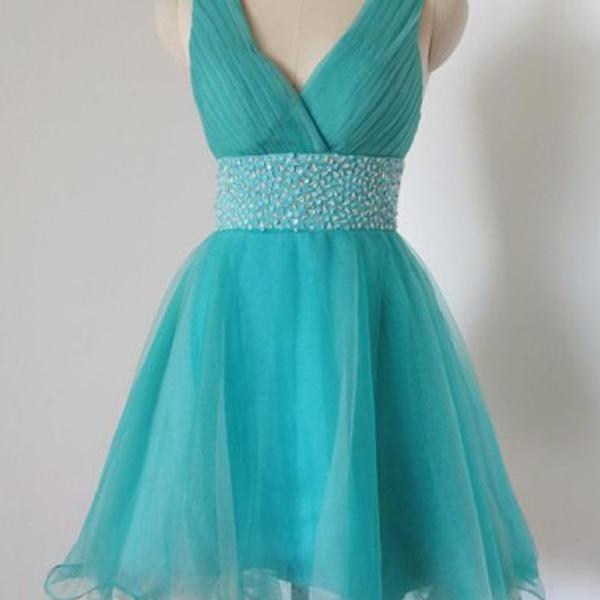 V-neck Knee Length Tulle Lake Blue Homecoming Dress,prom Dress ...