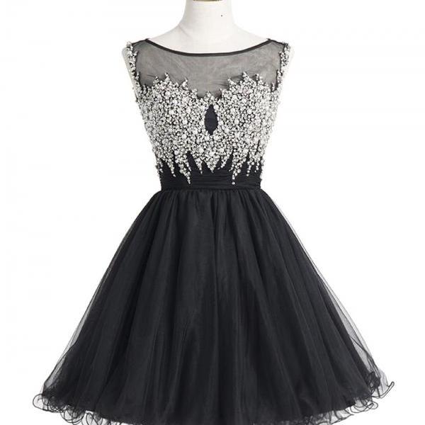 Black Crystal Beaded Homecoming Dress With Illusion Neckline on Luulla