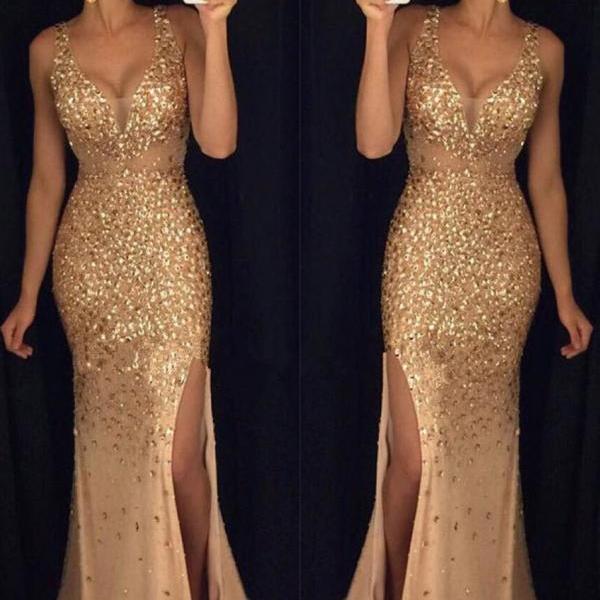 Beading Gold Long Prom Dress,sexy Long Crystal Beaded Prom Dress With ...