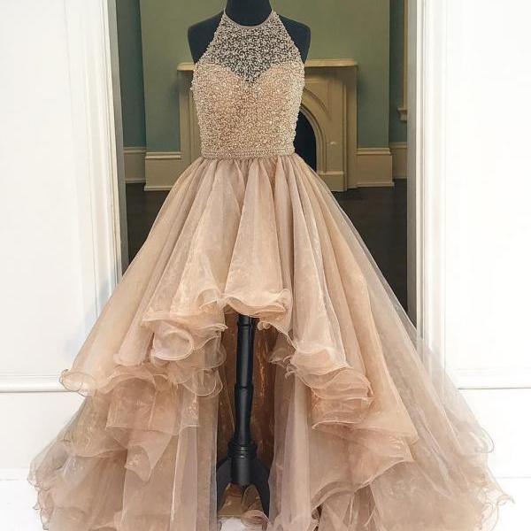 Prom Dress,Champagne High-Low Prom Dress Featuring Halter Neck Bodice,Prom Gowns