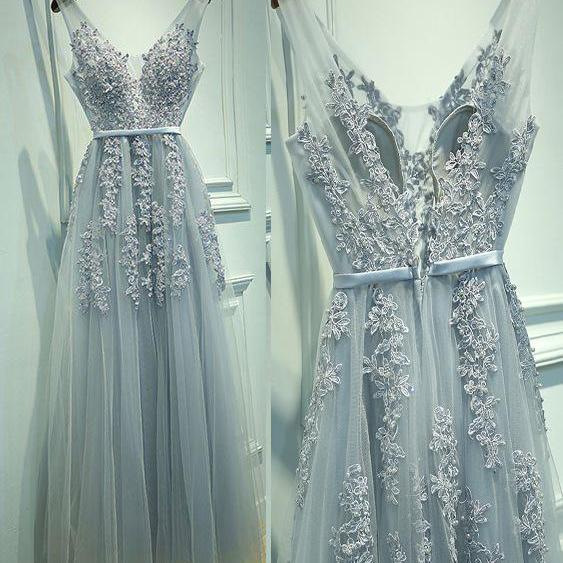 A-Line V-Neck Tulle Sleeveless Prom Dress,Gray Blue Prom Dresses with Lace,V neck Homecoming Dress,P153