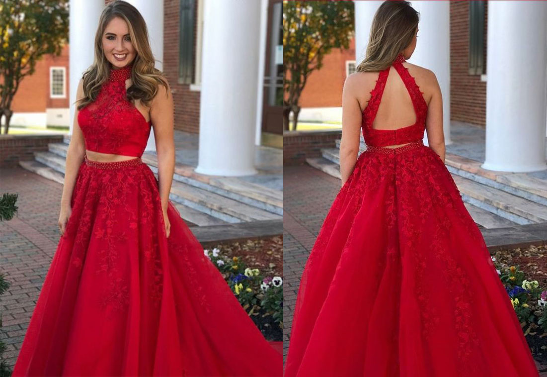 Style Two Piece High Neck Open Back Red Prom Dress,a-line Lace Applique ...