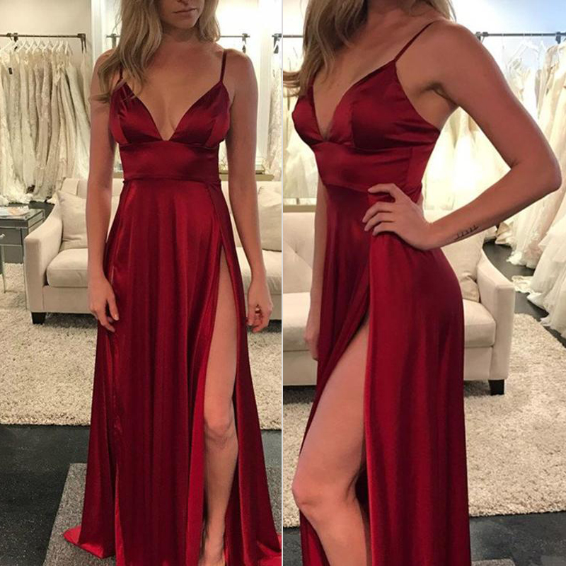 Classy Sheath Spaghetti Straps Burgundy Sleeveless Long Prom Dresses SD1448