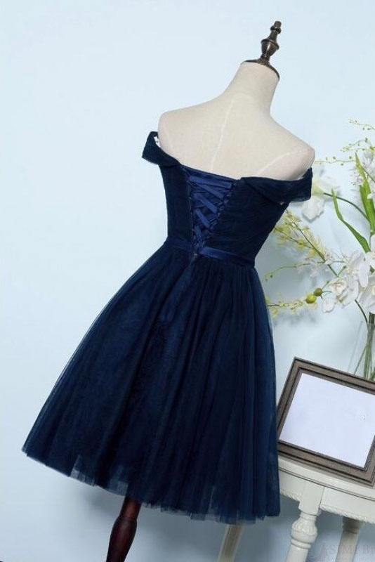 Navy Blue Off Shoulder Tulle Prom Dress With Belt, A Line Off The ...