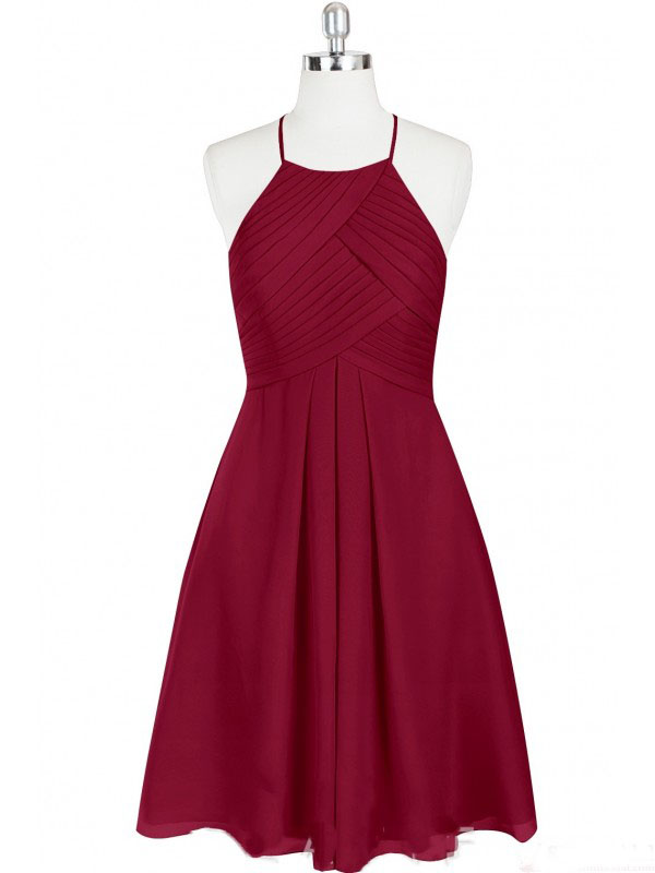 Burgundy Chiffon Halter Prom Dress, Cheap Pleats Short Dress, A Line Sleeveless
