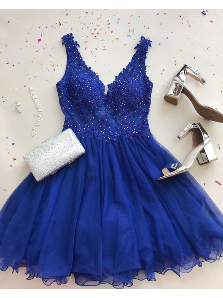 A Line V Neck Royal Blue Tulle Prom Dress, Sparkle Sleeveless Short