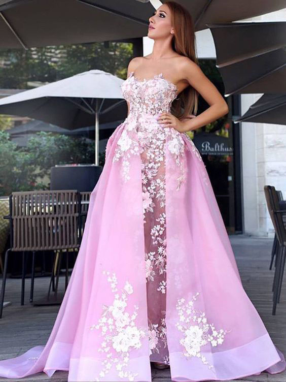 A-line Strapless Pink Organza Long Prom Evening Dress, Unique Party ...