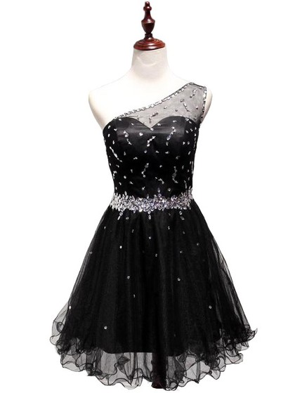 Black Beaded Embellished Short Tulle Homecoming Dress Featuring One ...