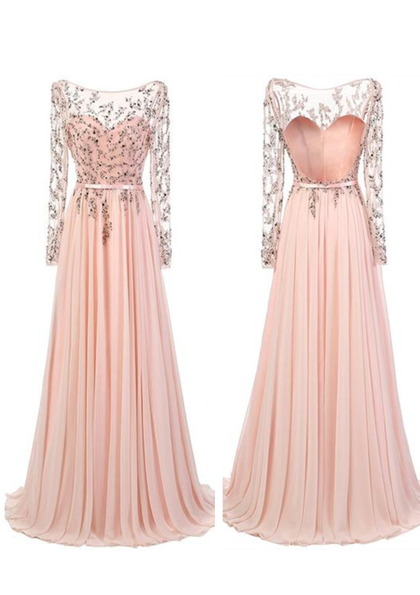 A-line Long Sleeves Prom Dresses,Floor Length Pink Chiffon Prom/Evening ...