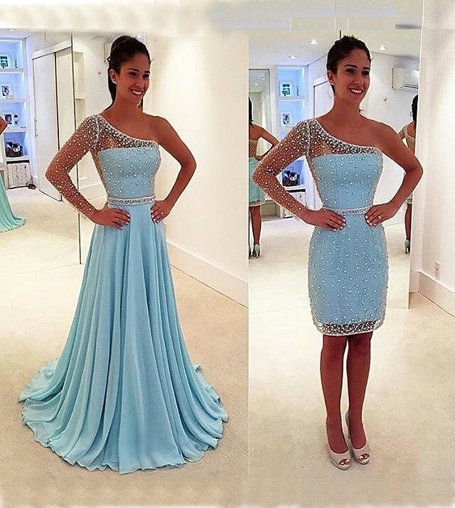 Two Pieces Detachable Prom Dress 2017 With High Slit,one Shoulder Long